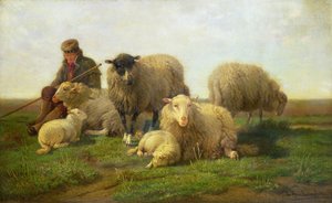 Un berger avec des moutons et des agneaux